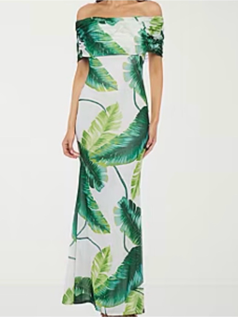 NWT Premier Amour Off-The-Shoulder Tropical Palm Leaf Maxi Dress, Size 10P